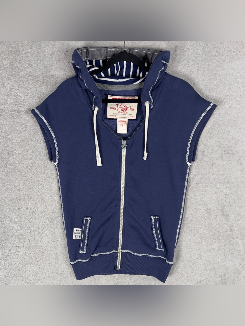 True Religion Sleeveless Buddha Hoodie‎ Women's Medium Fleece Full Zip Navy